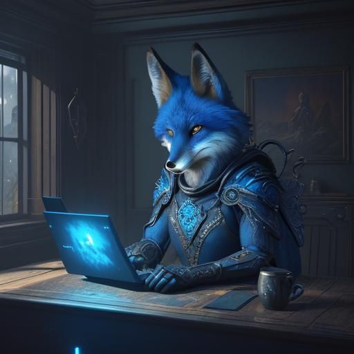 Fox at Computer with Blue Screen, Detailed Matte Painting