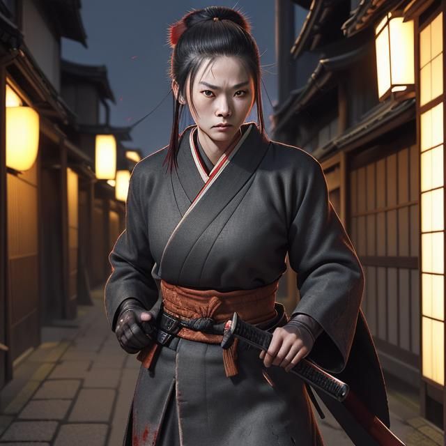 Anime Samurai Woman in Ancient Japanese City