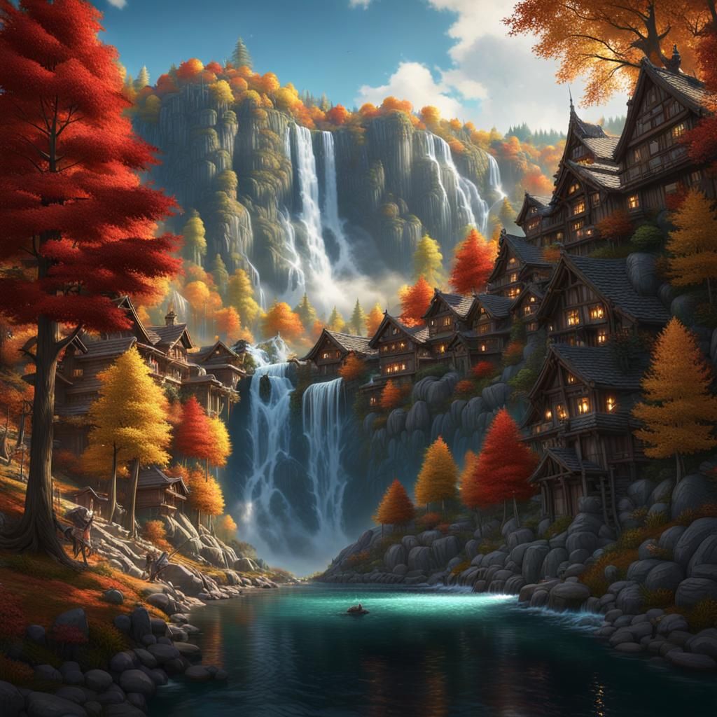 Autumn Village by Crystal Lake Waterfall, Fantasy Art