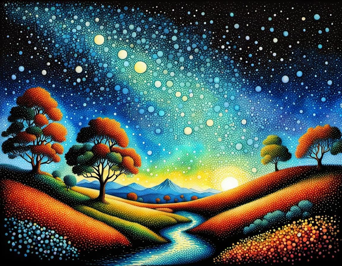 Romantic Pointillist Landscape of Fantastical Nature