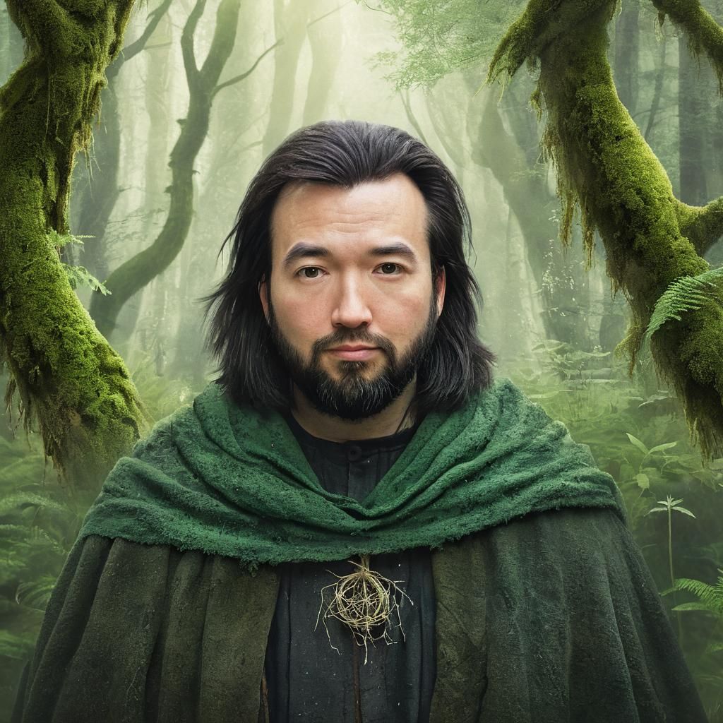 Wizard Weaving Earth Magic in Misty Forest