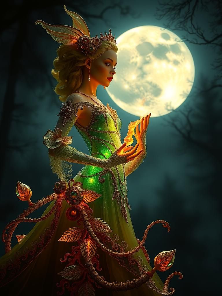 Luminous Glass Lady in Dark Forest, Fantasy Art
