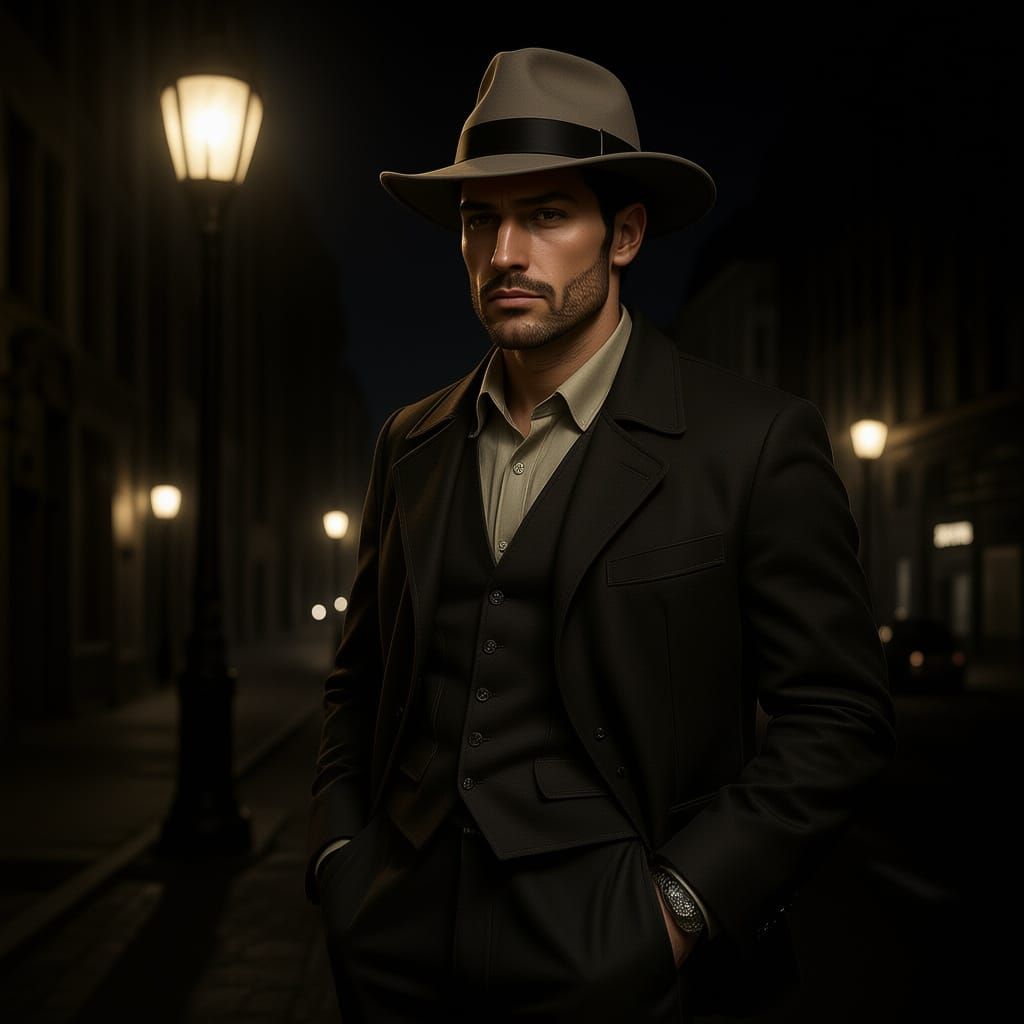 Hyperrealistic Man in Fedora: Detailed Matte Painting