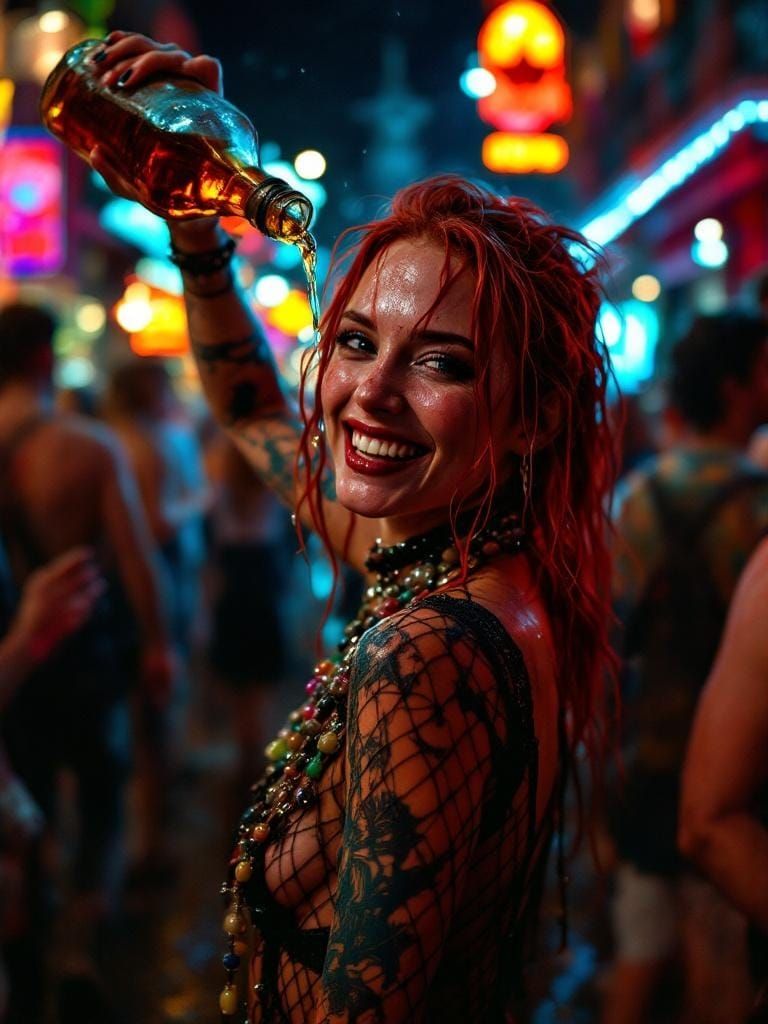 Redhead Reveler at Mardi Gras in Punk Style