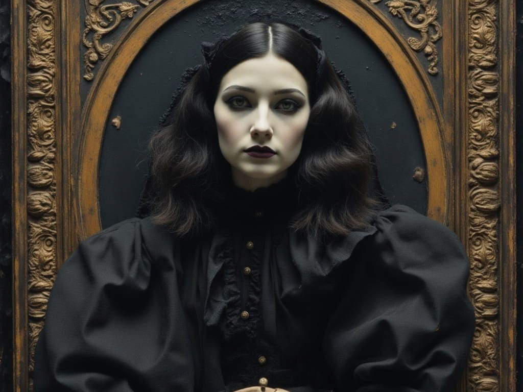 Gothic Girl in Ornate Frame, Dark & Mysterious Ambiance