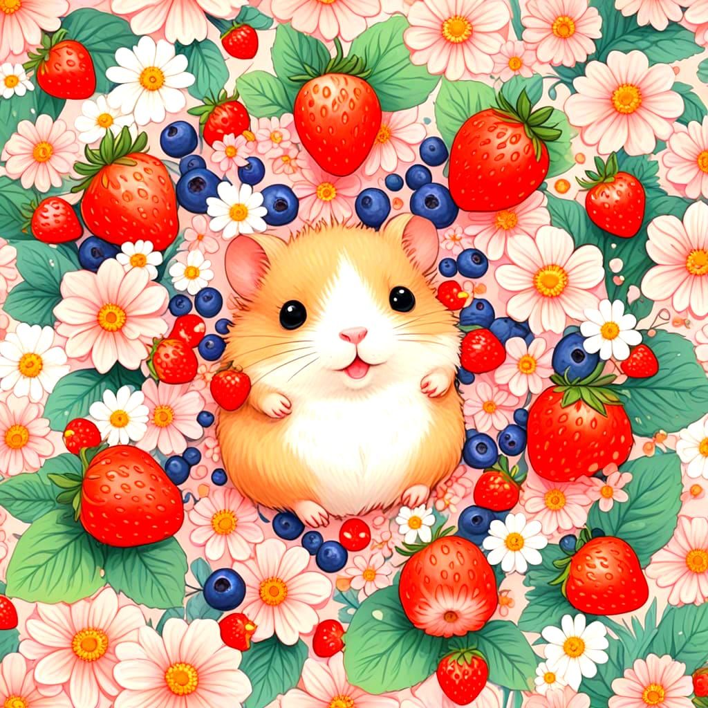 Kawaii Hamster in Strawberry Paradise