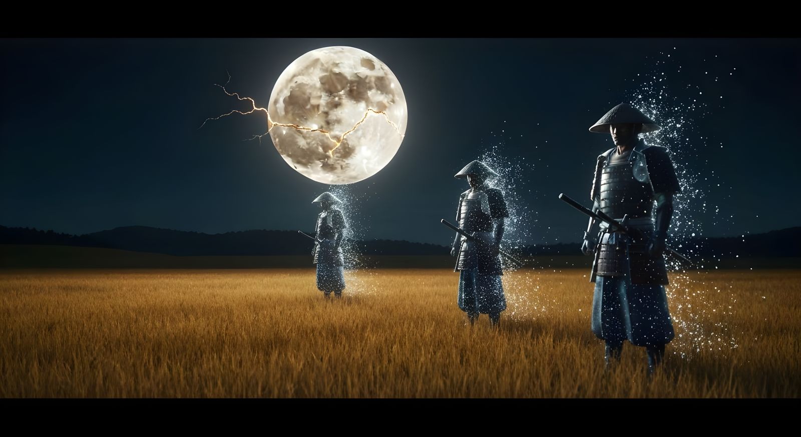 Surreal Japanese Myth: Warriors Under a Cracked Moon
