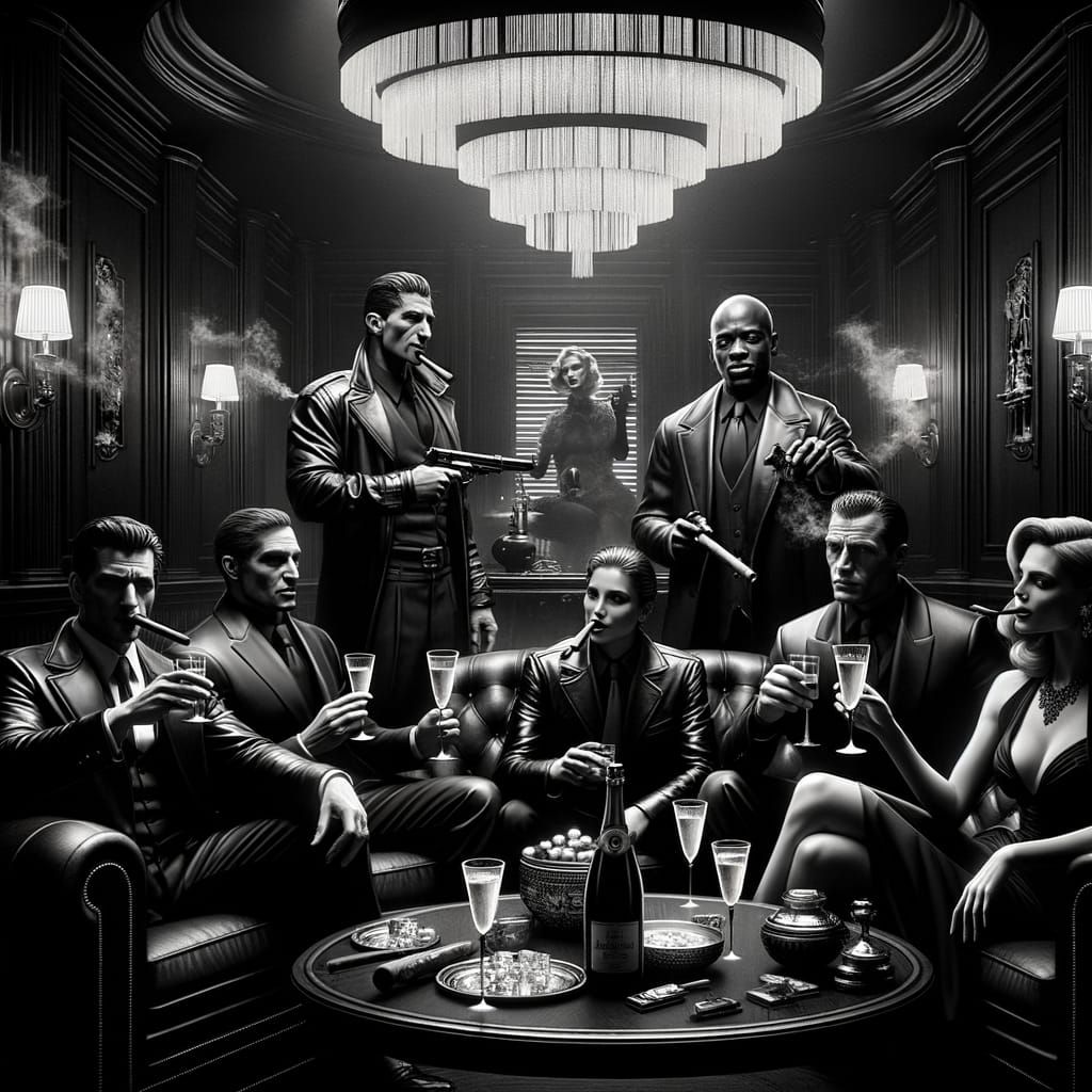 Sleek Noir Jewel Thieves Toast in Hidden Speakeasy, Classic ...