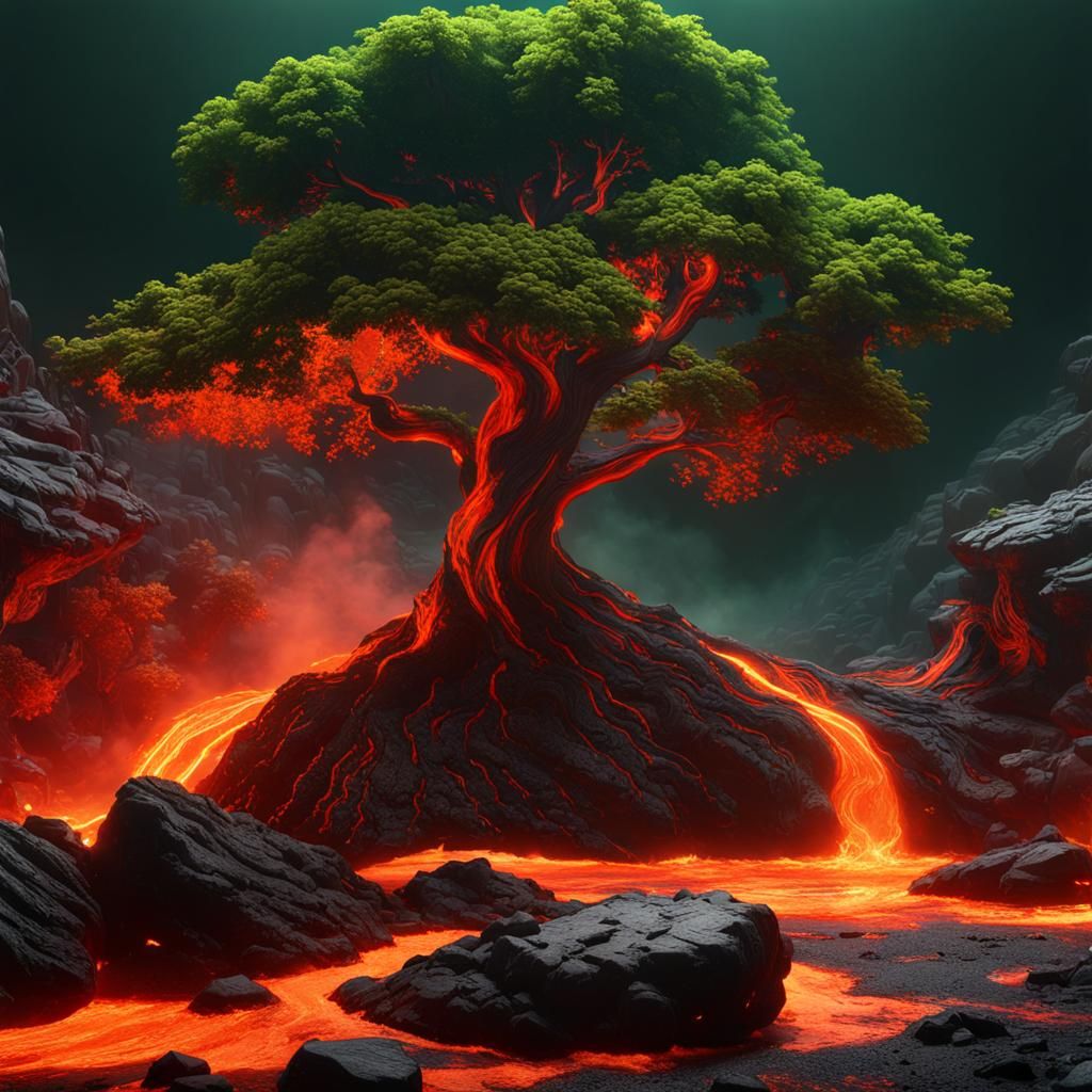 Volcanic Lava Flowing Around Rocks: Hyperrealistic Dark Fant...
