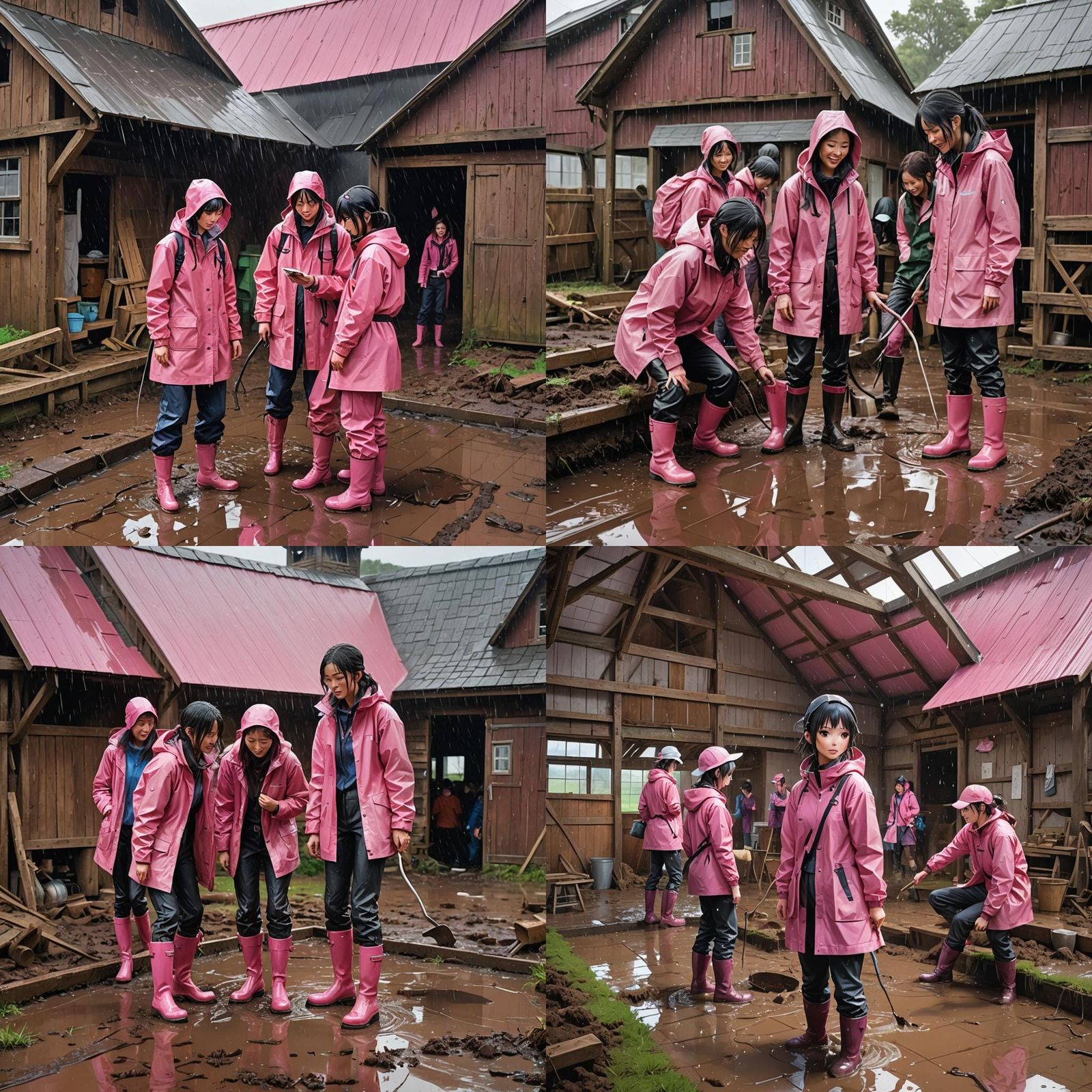 Manga Girls Fix Barn Leak in Rainy Farm Scene