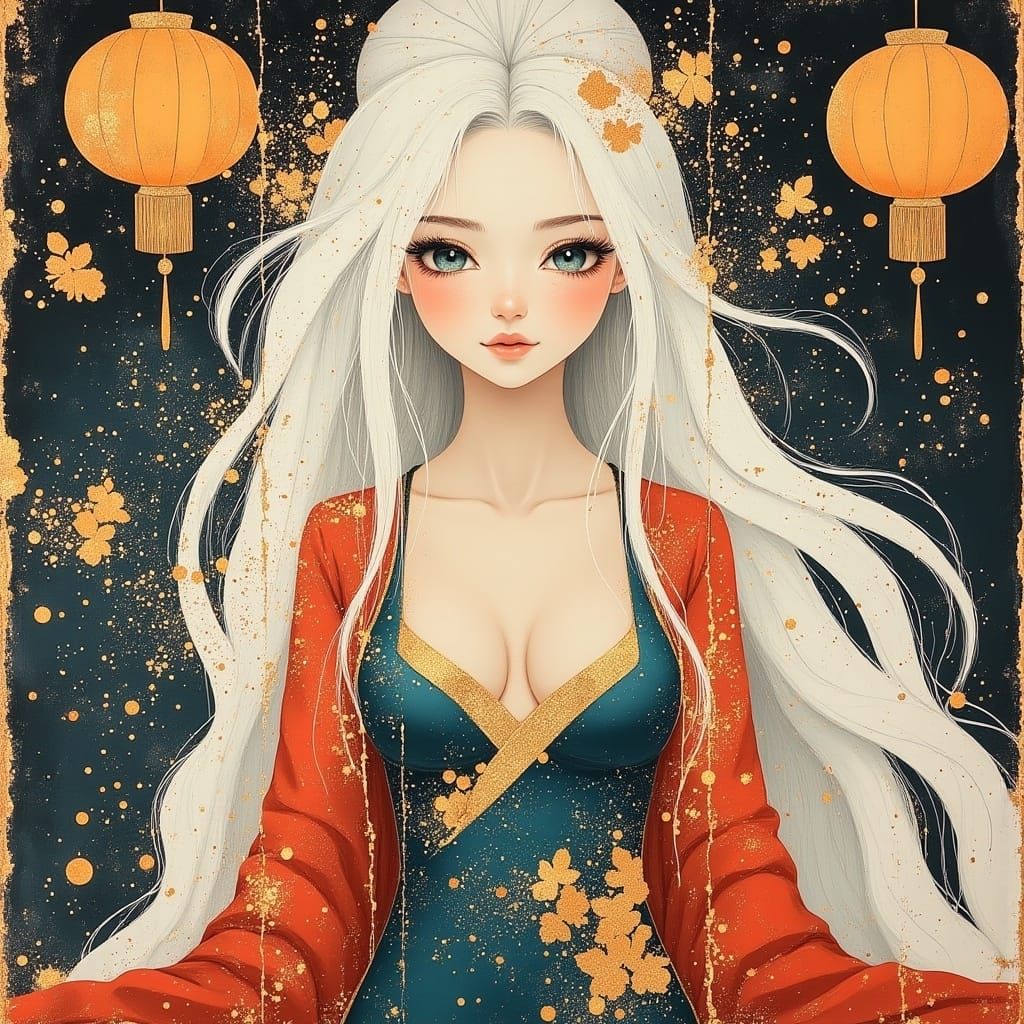 Chinese Princess in Elegant Satin Robe with Vibrant Lanterns