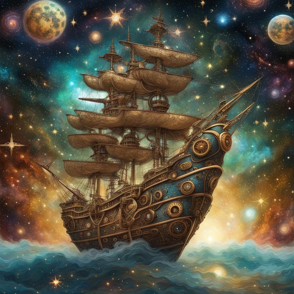 Steampunk Pirate Ship Sails Among Stars