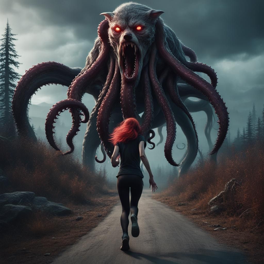 Horror Girl Running from Tentacled Wolf