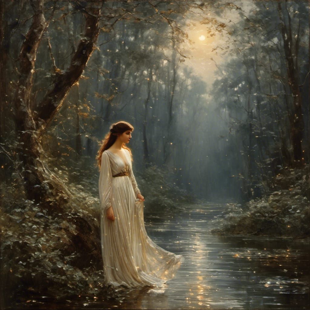 Romantic Forest Scene with Woman in Gown