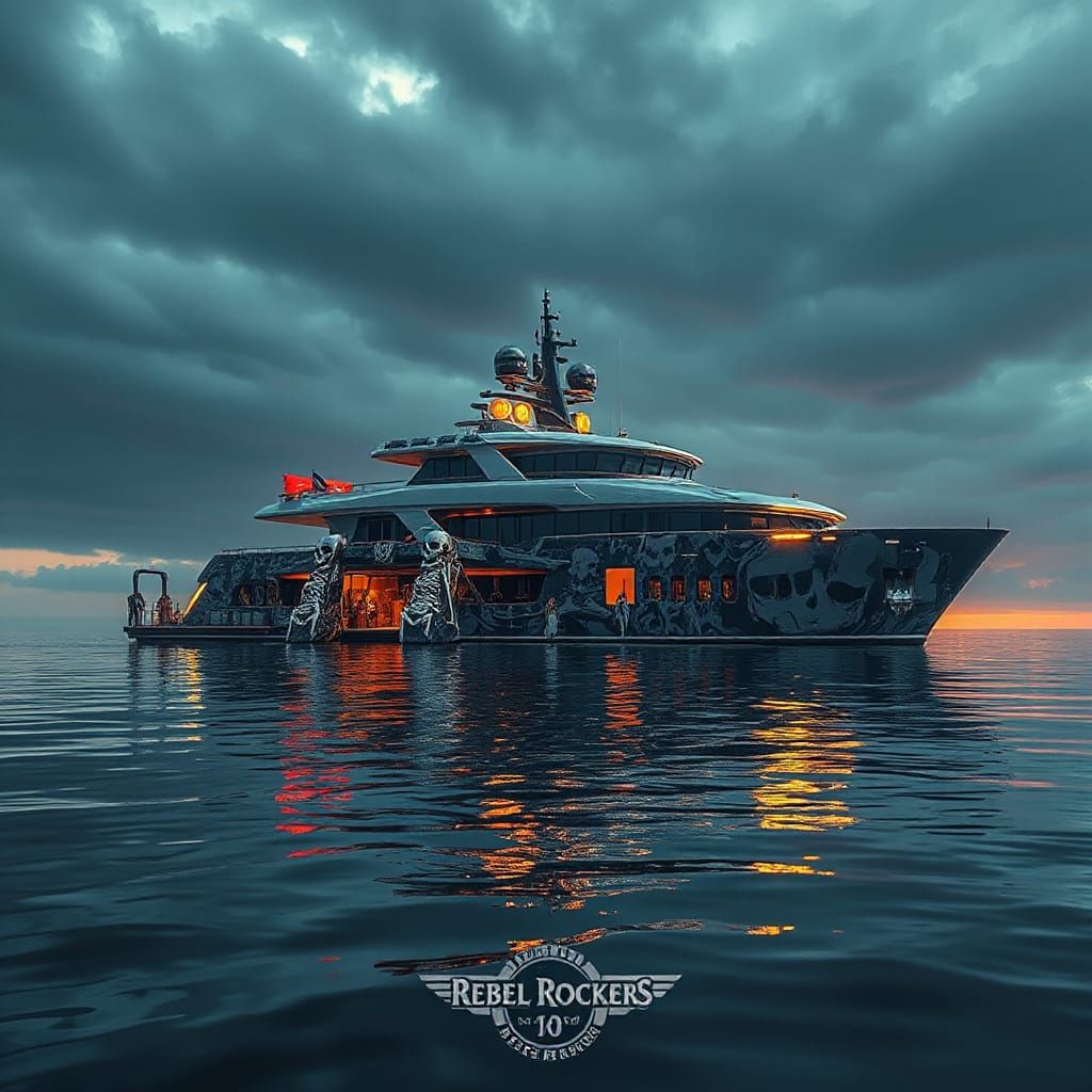 A huge super luxury yacht, in a gothic style of skulls and b...