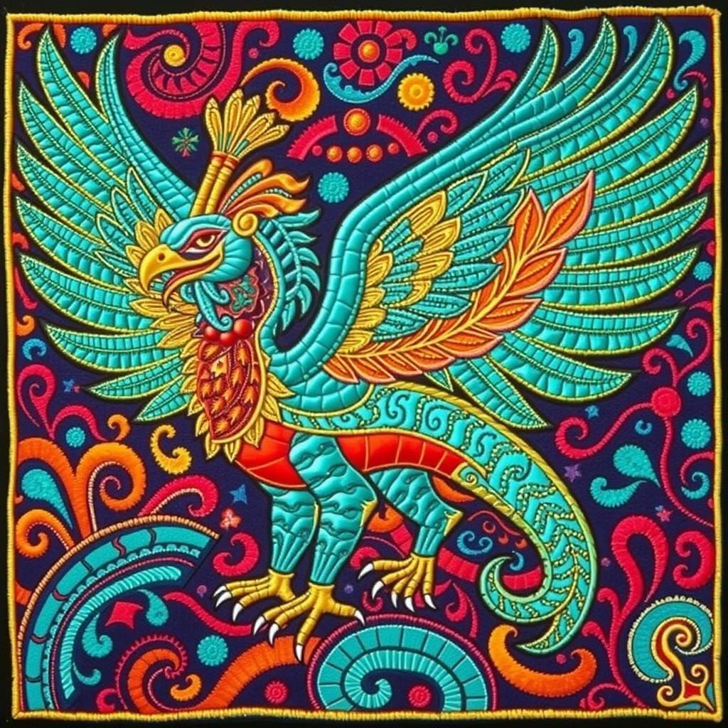 Aztec Flying Serpent in Vibrant Mexican Folk Art Style
