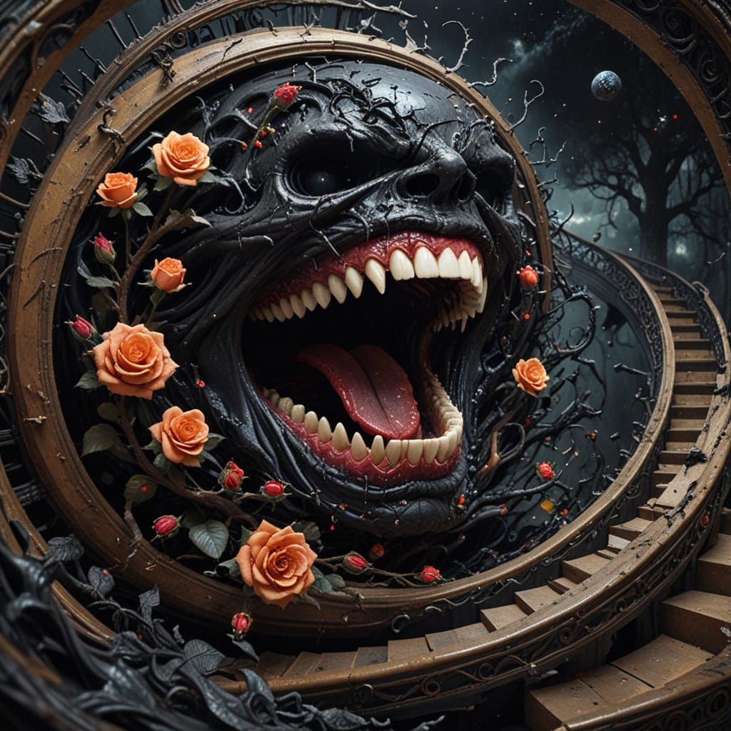 Surreal Impasto of Melting Stairway into a Black Rose Abyss