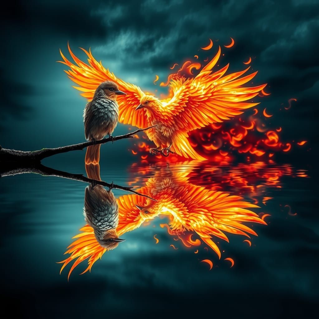 Bird and Phoenix Reflection: Ethereal Digital Art