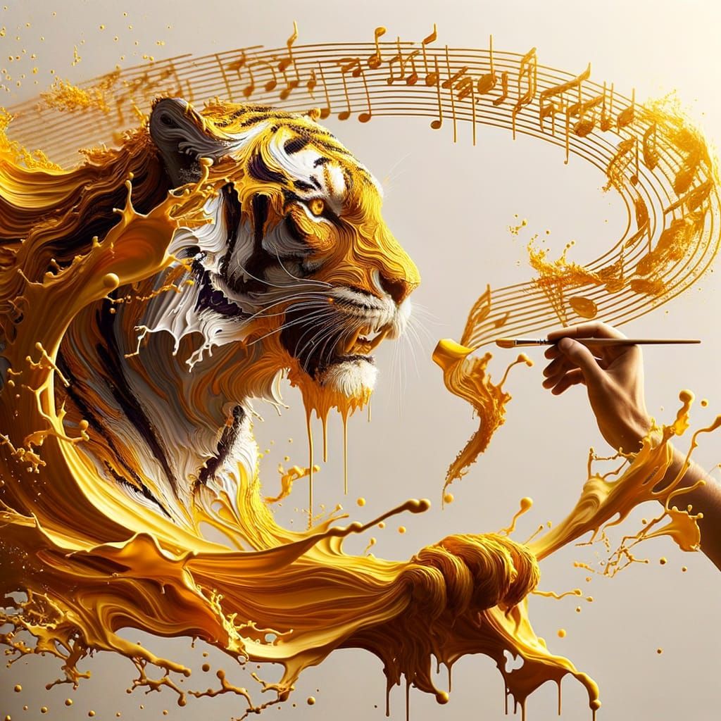 Golden Tiger Emerges from Splattered Paint in Vibrant Harmon...