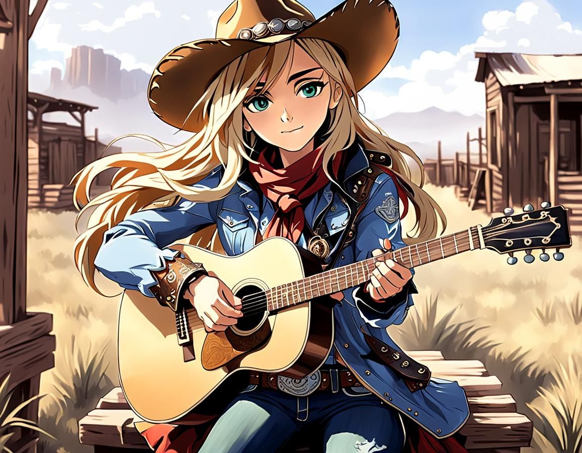 Anime Cowgirl Plays Guitar in Western Style