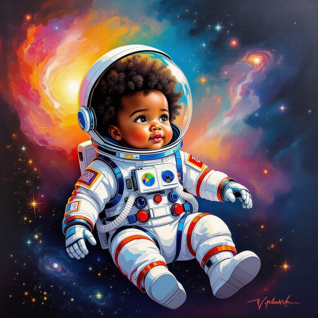Afrofuturist Baby Astronaut in Vibrant Nebula