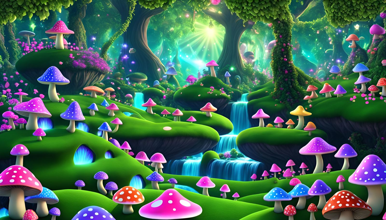 Mushroom People in a Multicolored Fantasy Land