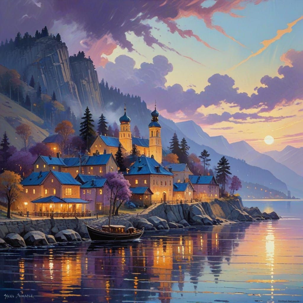 Coastal City at Night: Impressionistic Fantasy Landscape