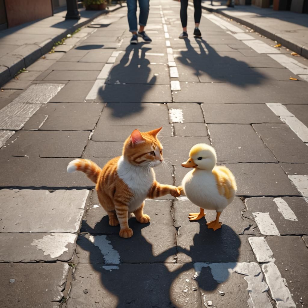 Anthropomorphic Cat and Duck Shake Hands: 3D Anime Art