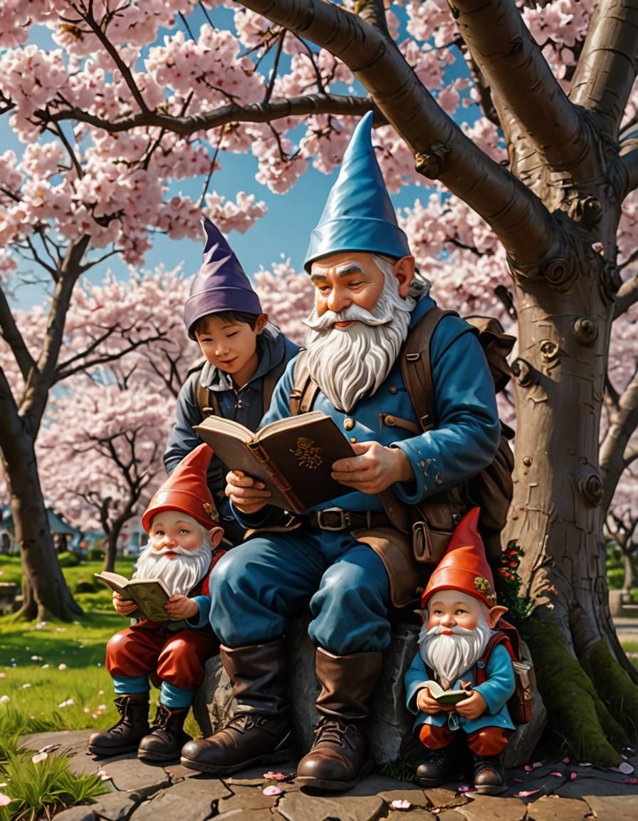 Gnome Father Reading Under Sakura Tree: Hyperrealistic