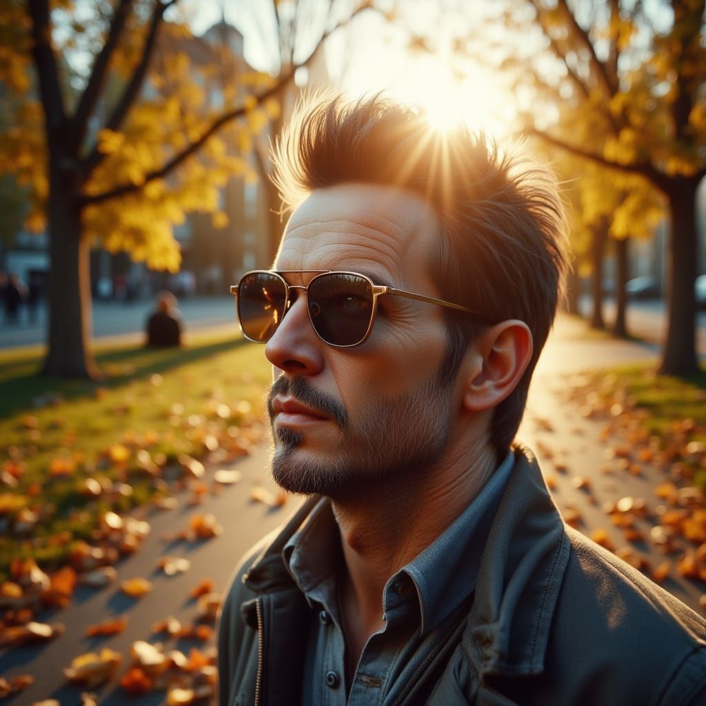 Mark Wahlberg in Sunglasses, Golden Hour Park Setting