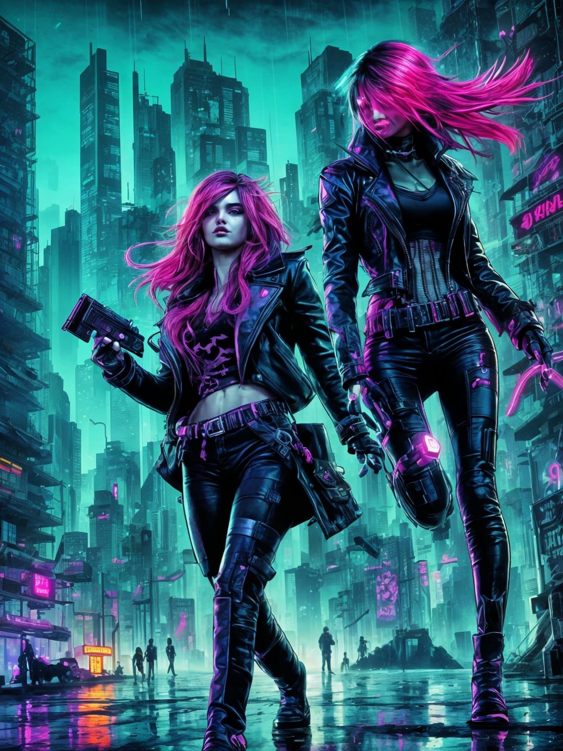 Cyberpunk Heroine Dates Shy Villain in Comic Style