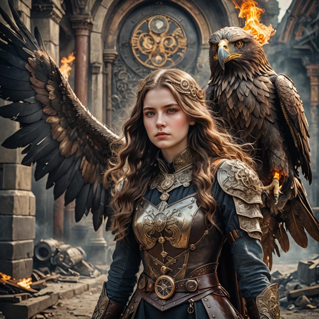 Steampunk Russian Woman in Eagle Armor, Realistic Portrait