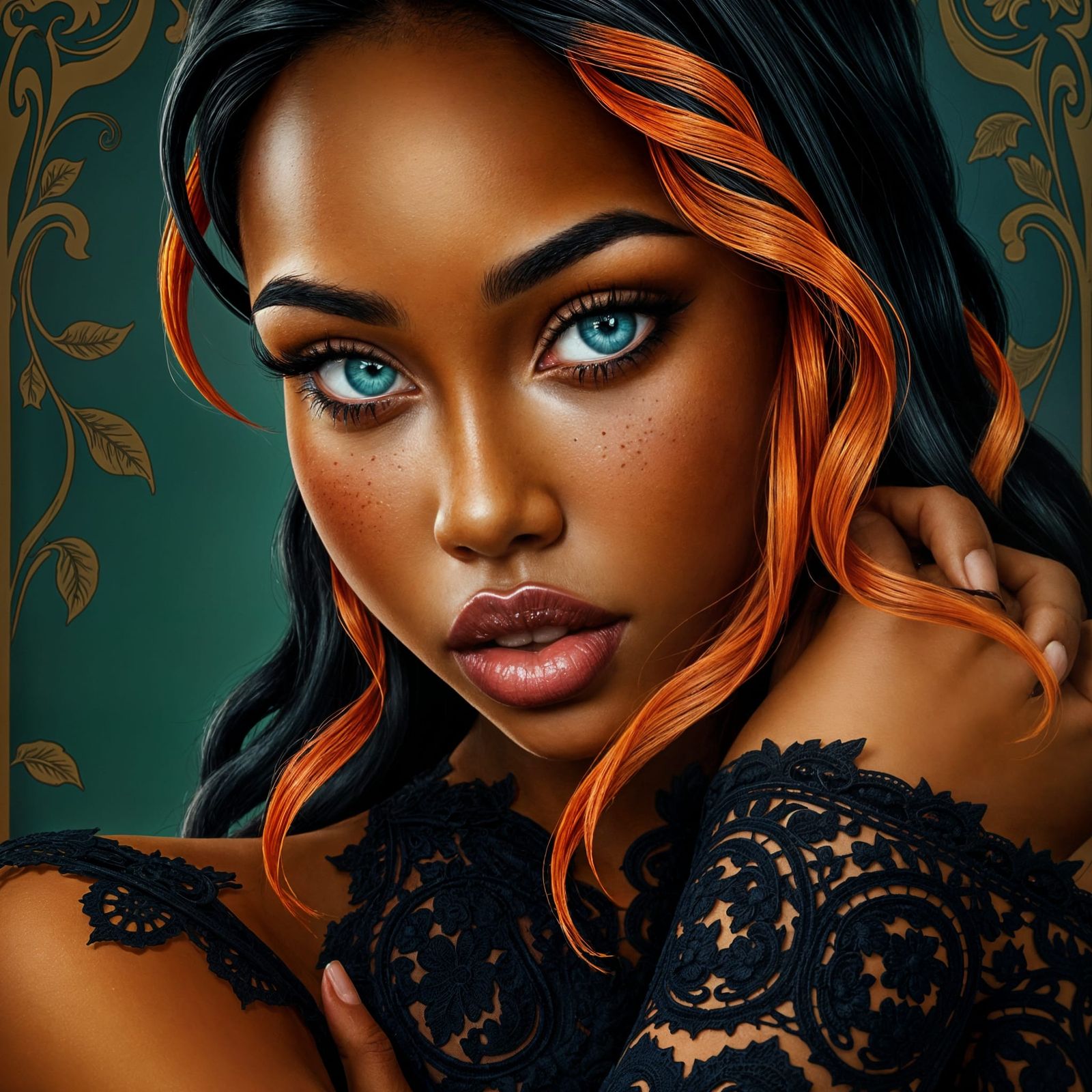 Beautiful Woman with Turquoise Eyes and Black Lace