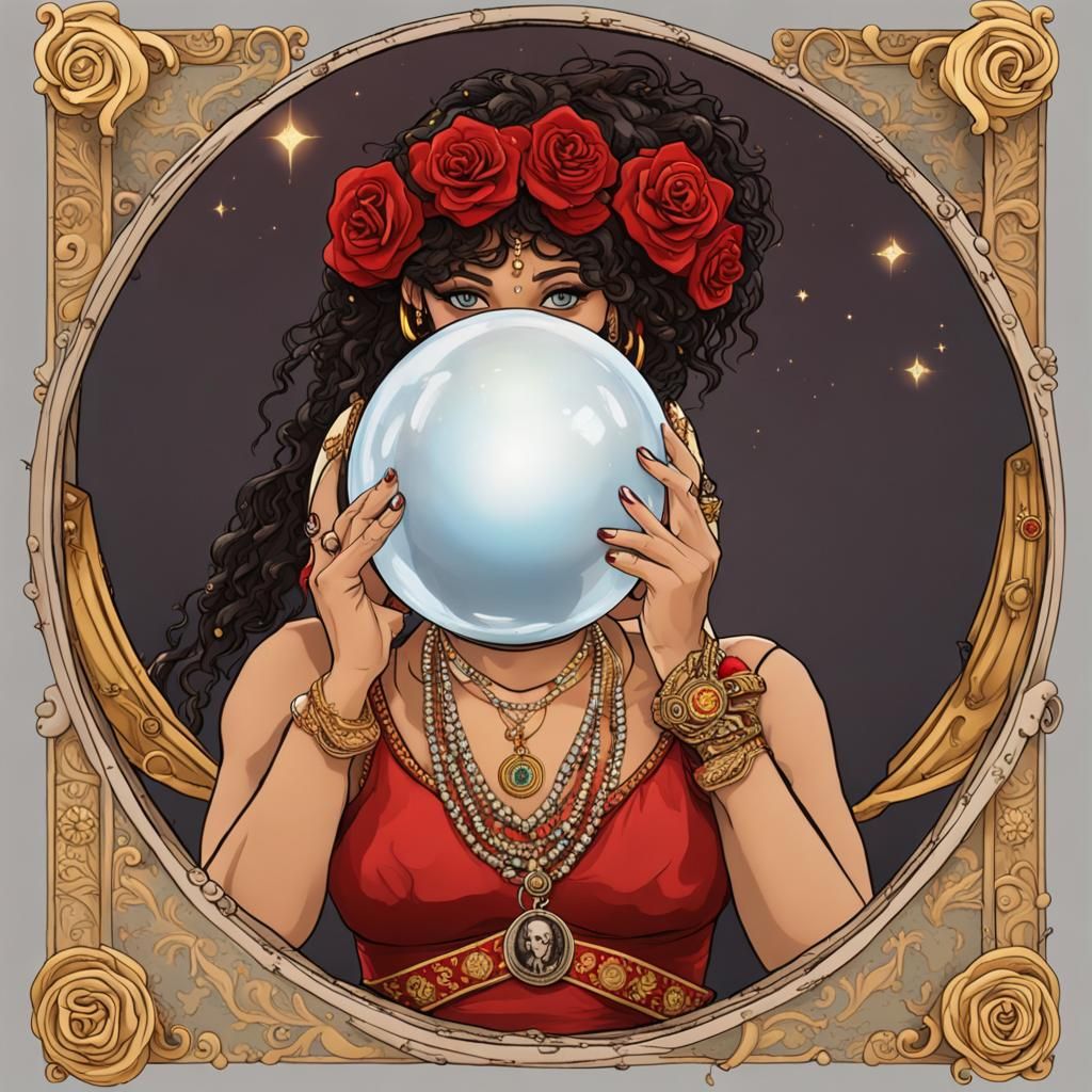 Gypsy Fortune Teller with Tarot Cards and Crystal Ball