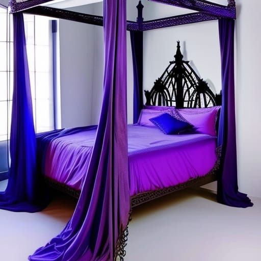 Ethereal purple gothic canopy bed with purple blanket& cobal...
