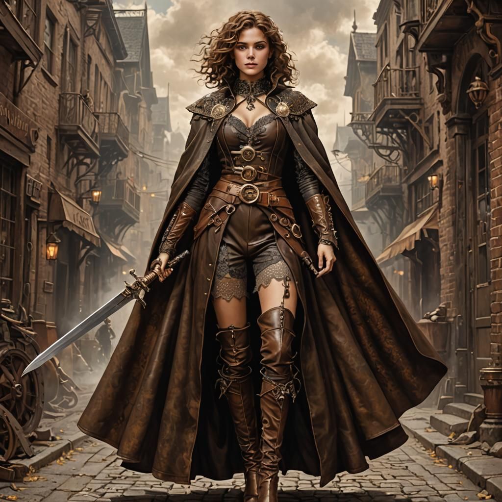 Steampunk Woman Warrior with Sword and Leather Cape