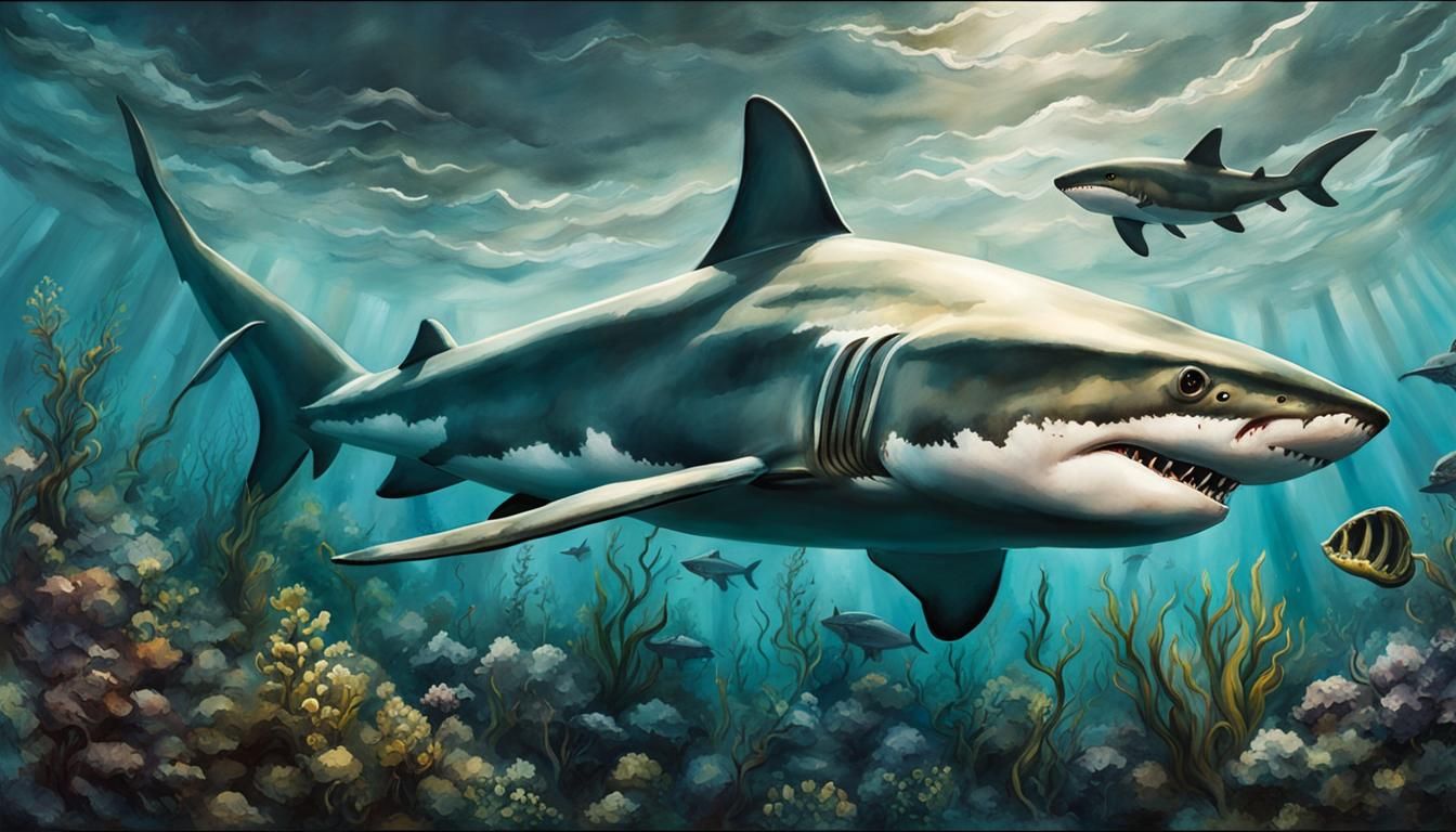 Hyperrealistic Shark Watercolor Art with Moody Sky