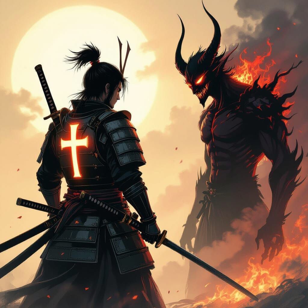 Samurai vs Demon in Anime Style