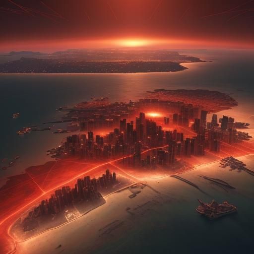 Red Mega City at Night: 3D Cinematic Aerial View