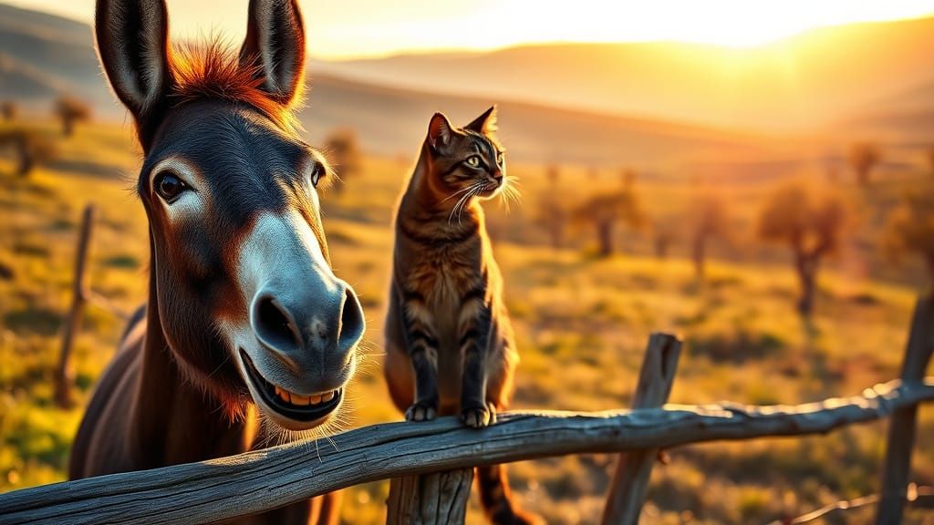 Donkey and Cat Friends in a Sunny Field