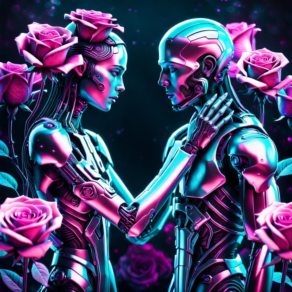 Cyberpunk Lovers Surrounded by Neon Roses