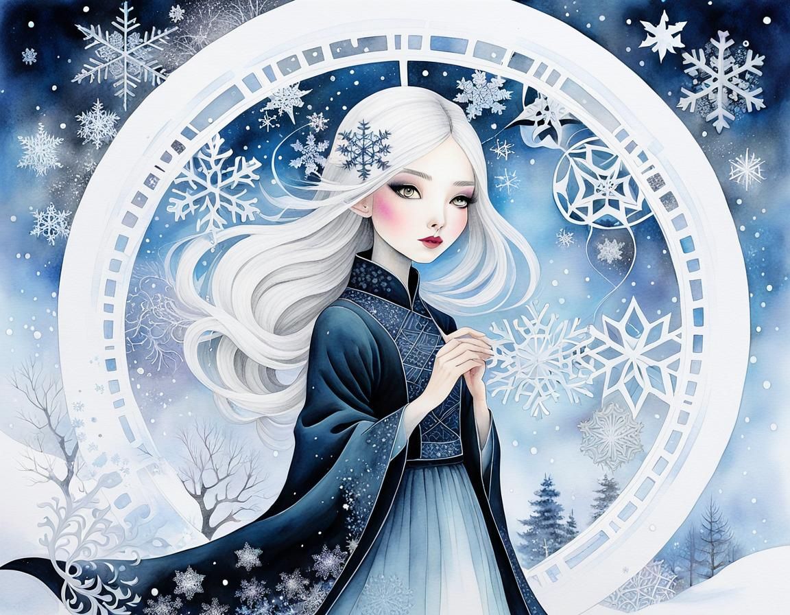 Whimsical Witch Girl in Winter: Chinese Ink Painting