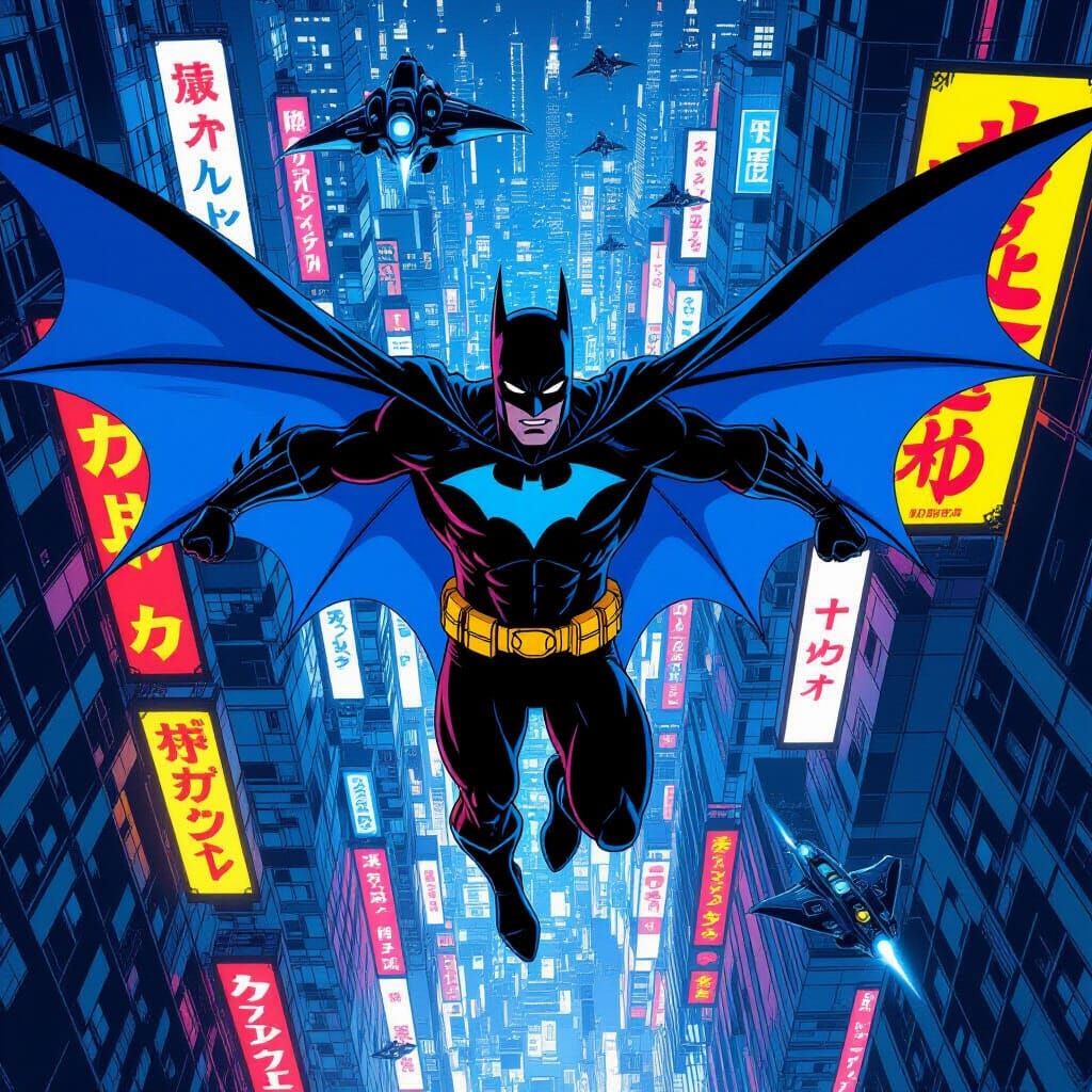 Batman Beyond Soaring Through Futuristic Cityscape