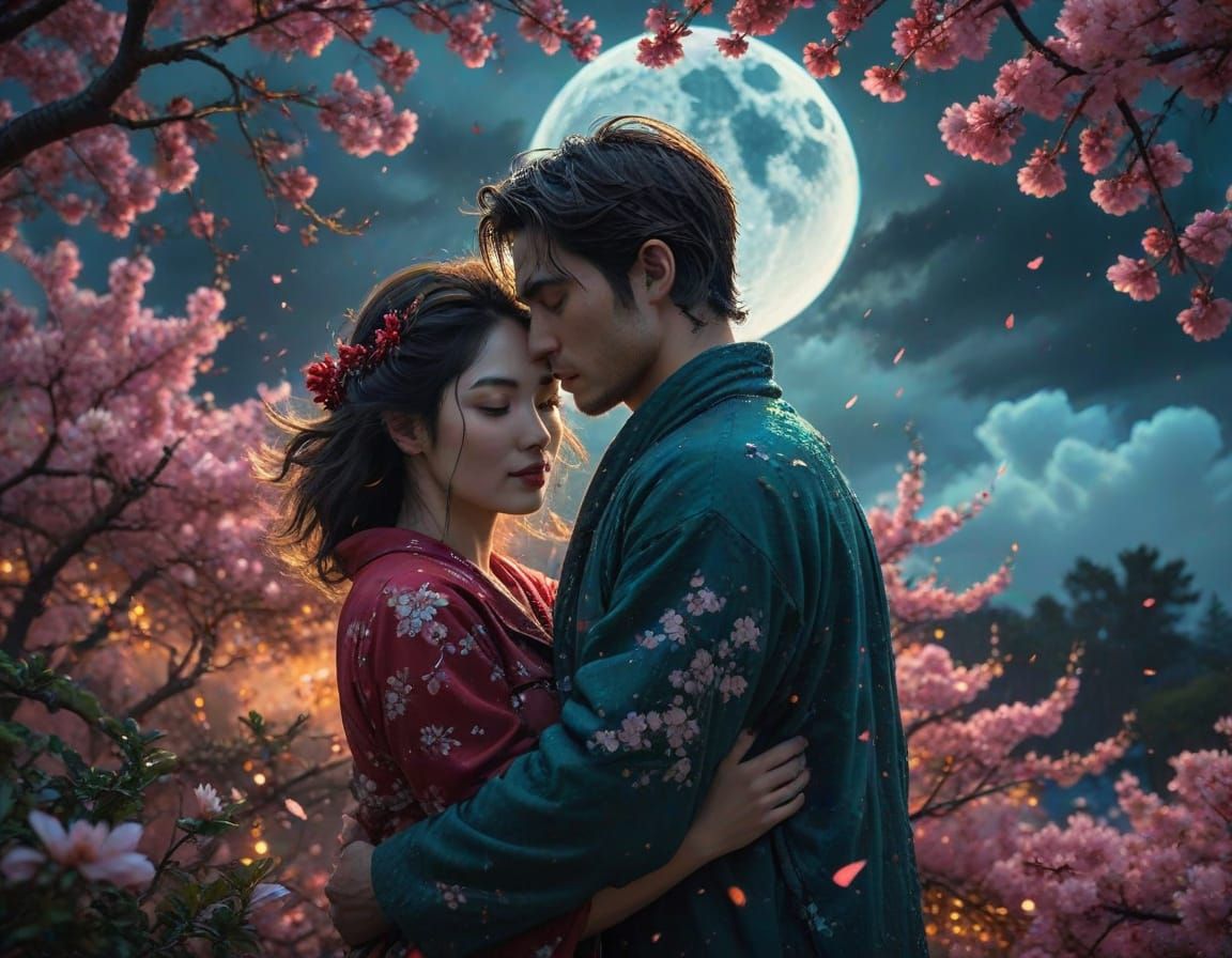 Dreamy Cherry Blossom Moonlit Embrace