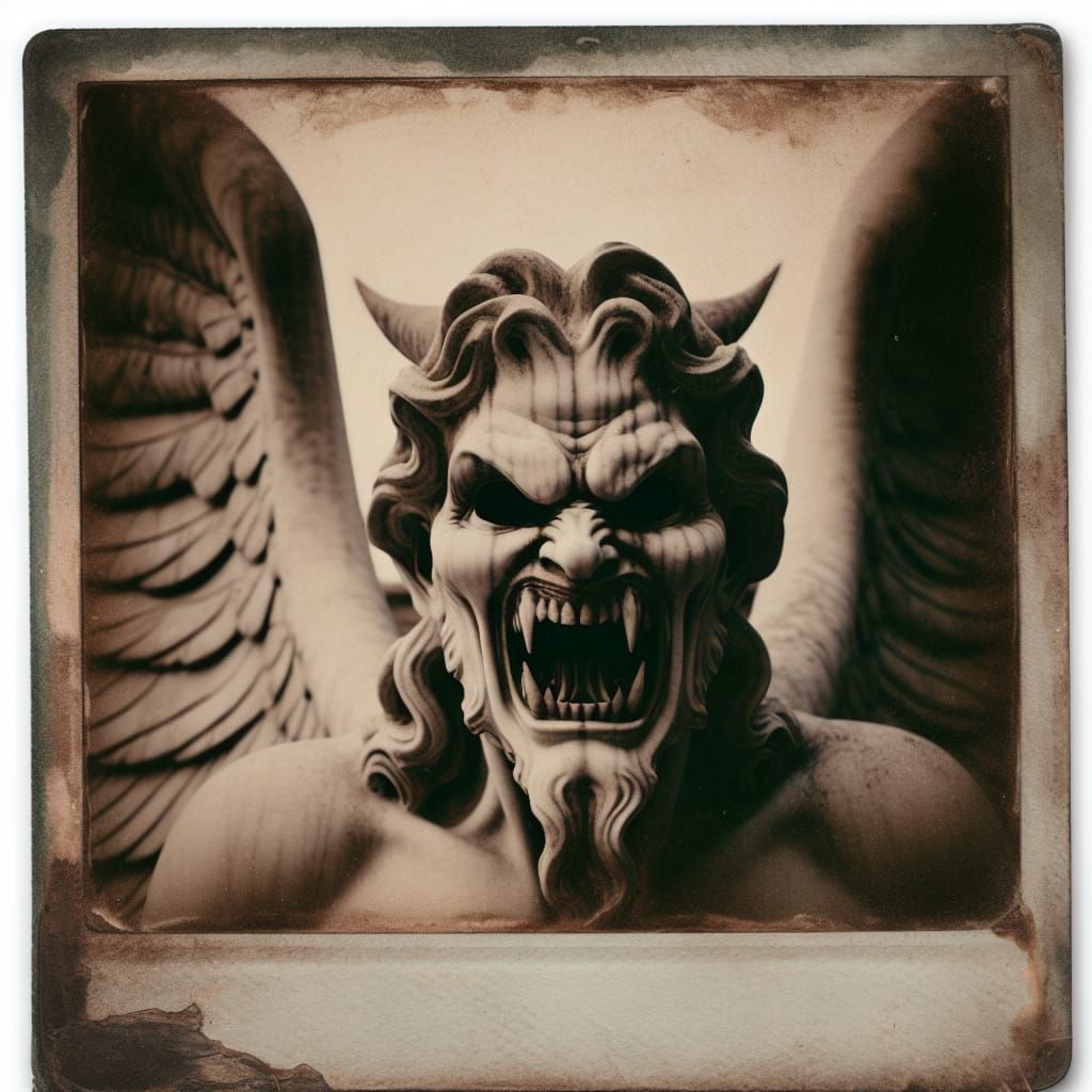 Aggressive Marble Angel in Weather-Beaten Polaroid