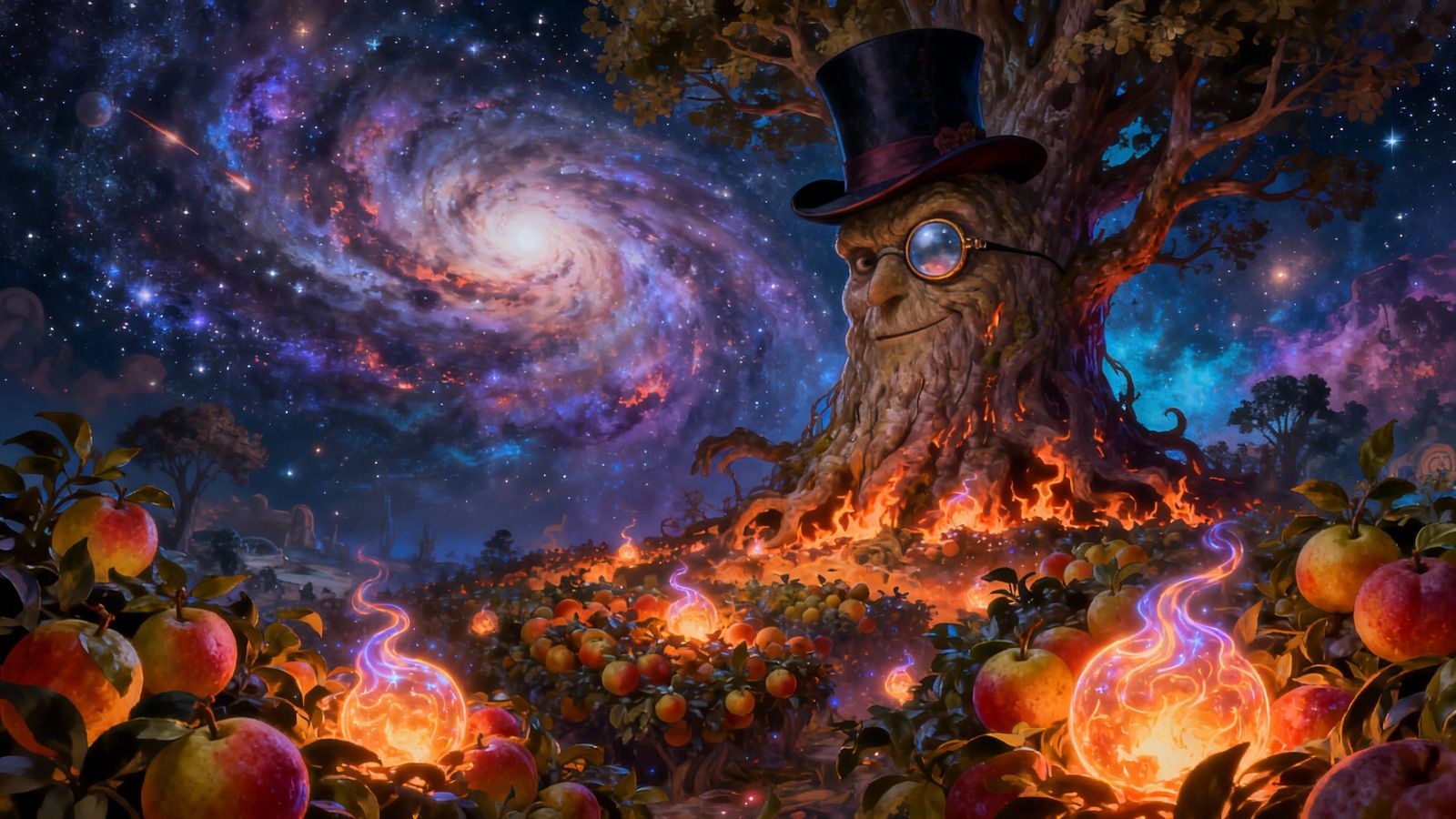 Sentient Cosmic Tree Oversees Ethereal Fruit Harvest