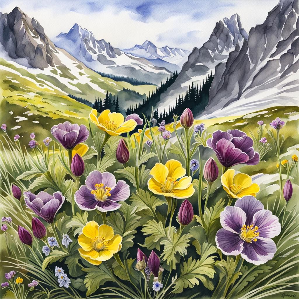 Detailed Alpine Flowers in Gouache Watercolor Style