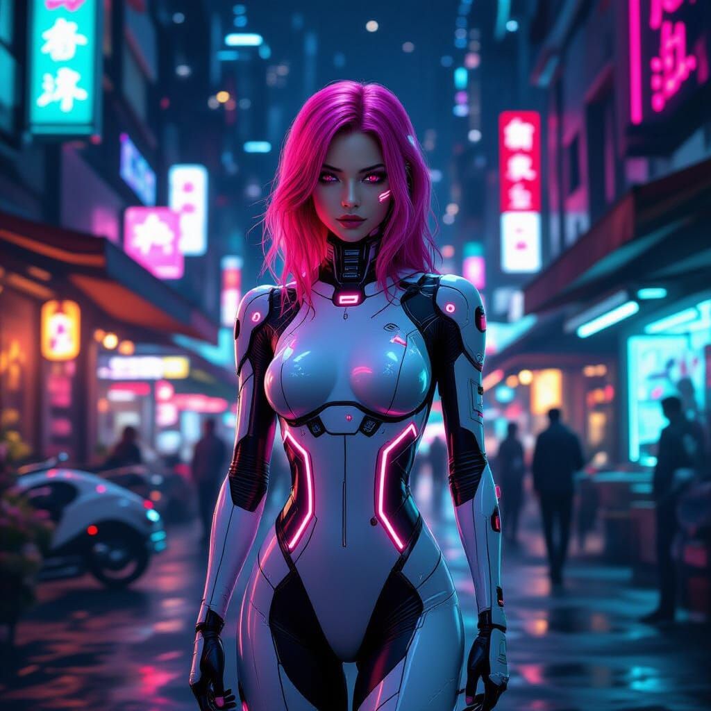 Cybernetic Woman in Neon Cyberpunk Marketplace