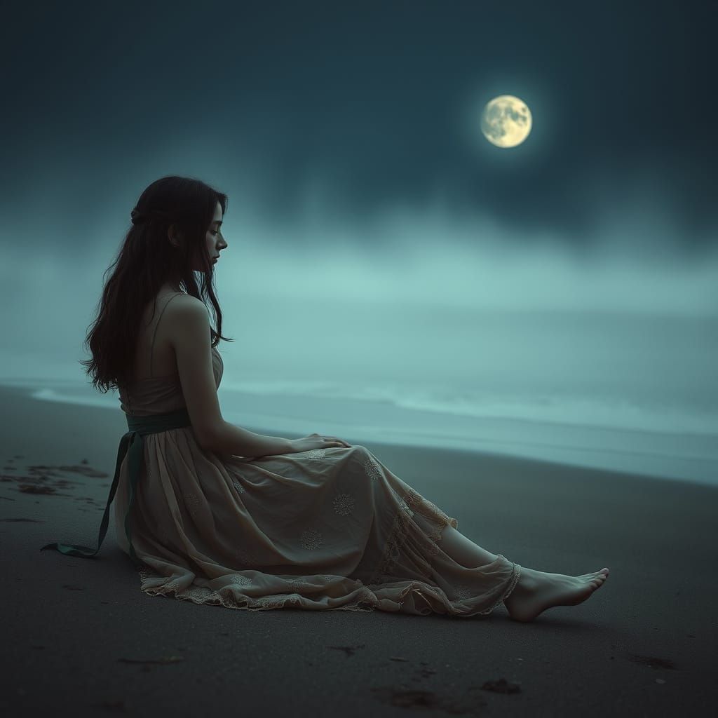 Melancholic Woman on Moonlit Beach in Ethereal Style
