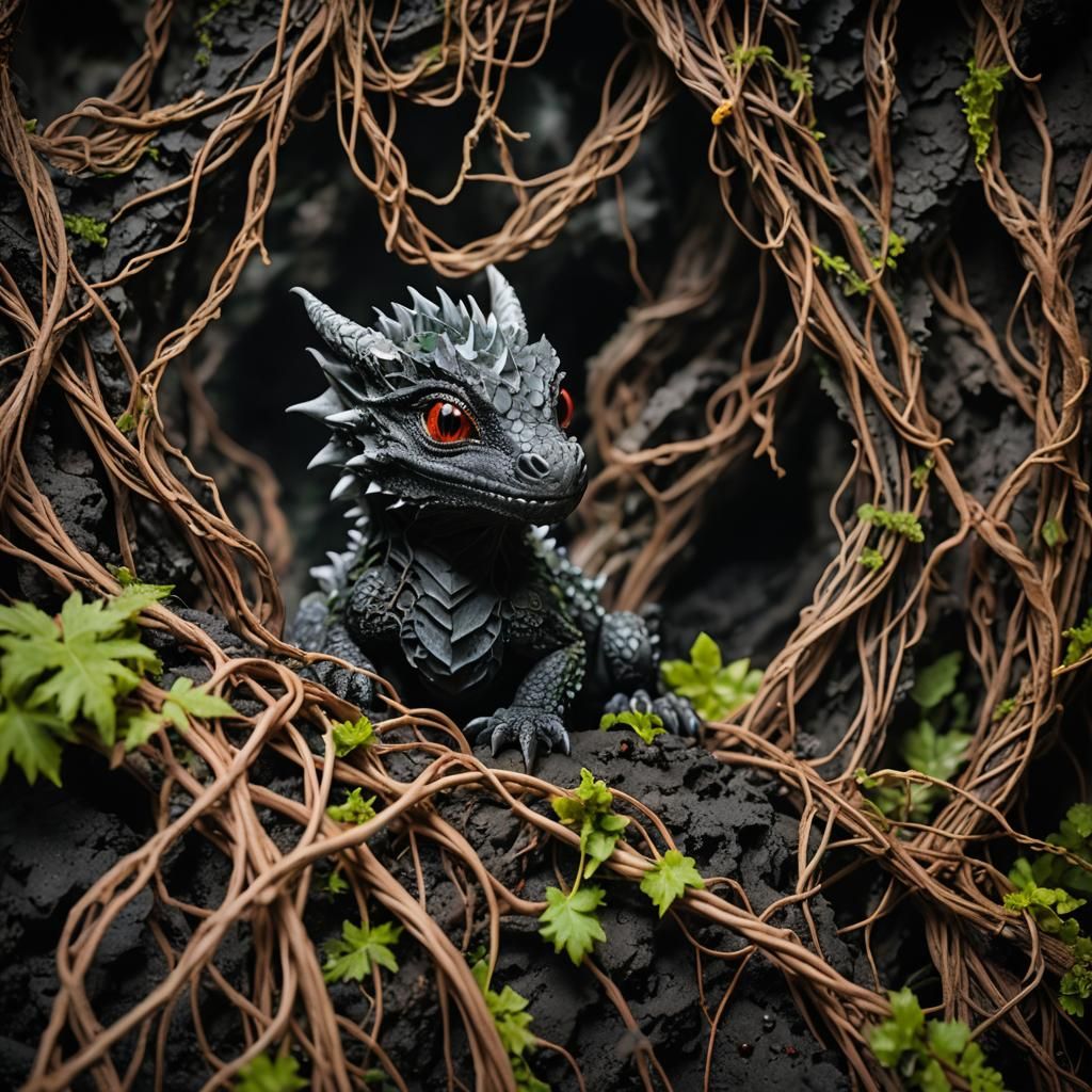 Camouflaged Baby Dragon in Rocky Lava Cave